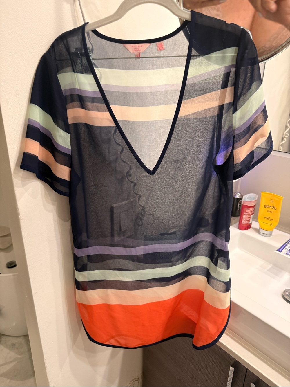 Ted Baker Sheer Navy Tunic with Coral and Pastel Stripes